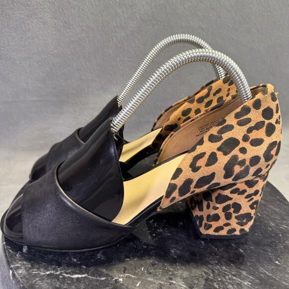 Seychelles Leopard Print & Black Leather Peep Toe Block Heels Women's Size 8 US - Picture 1 of 12